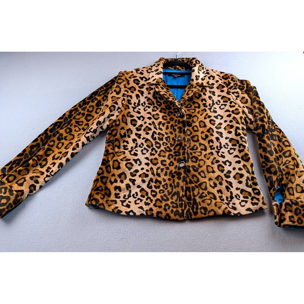 Karen Kane Leopard Print Faux Fur Jacket Turquoise Lining Animal Pattern Small